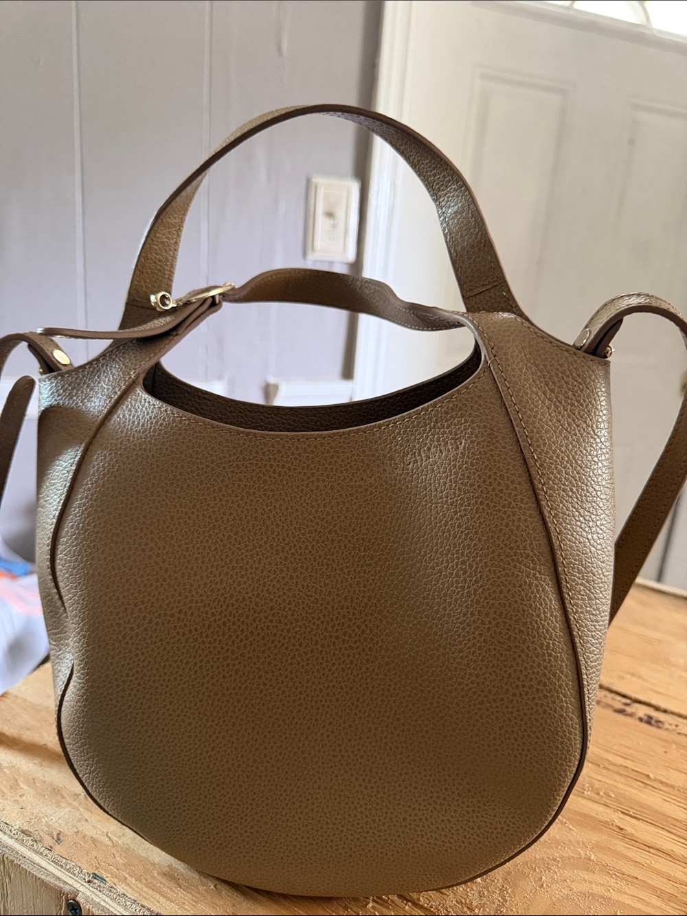 Longchamp Pebbled Leather Shoulder Bag in Taupe Brown